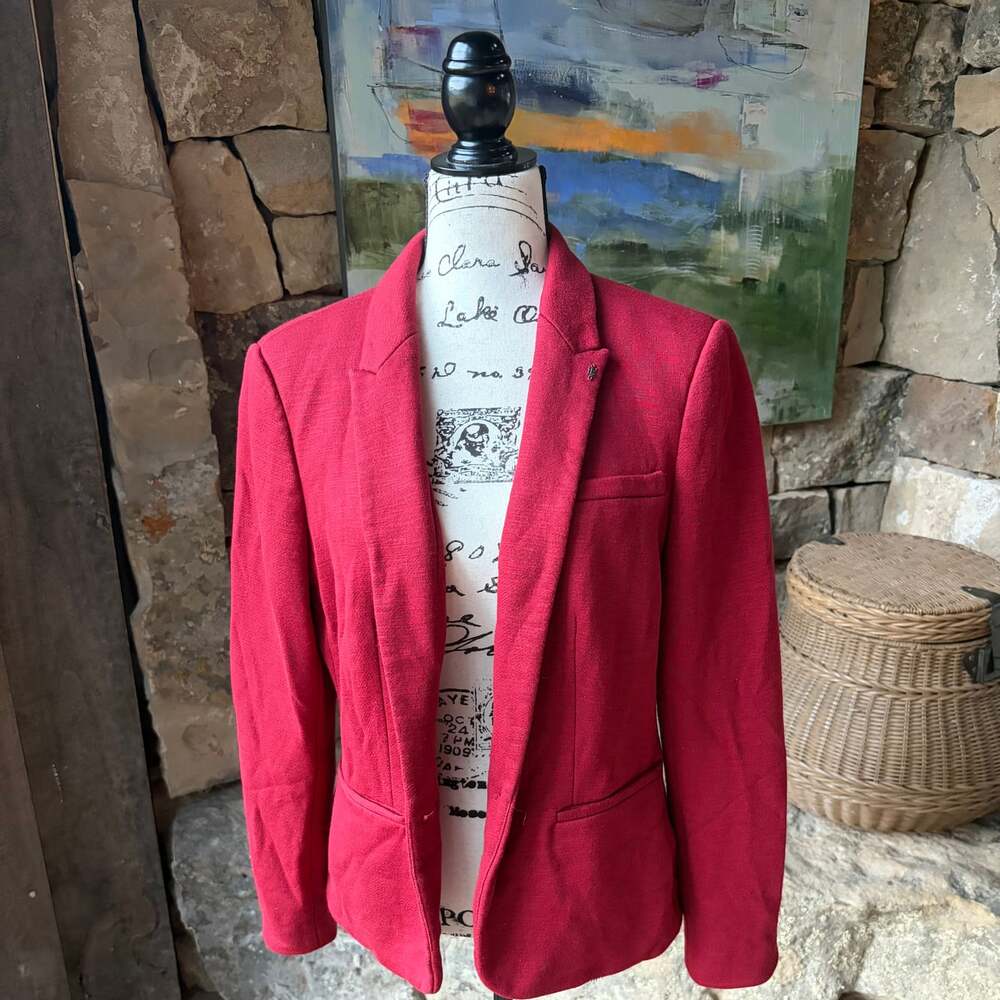 Tommy Hilfiger Red Knit Blazer Jacket Size 16 Striped Lining Preppy Equestrian